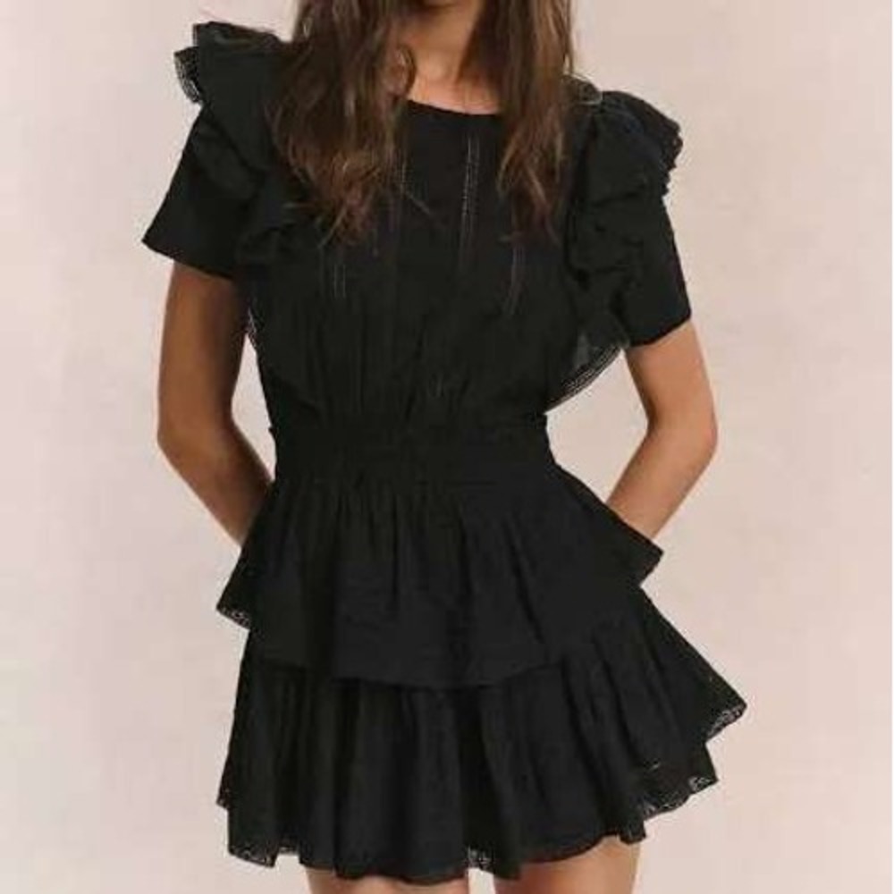 LoveShackFancy Mini Dress Womens Medium Black Natasha Heritage Eyelet Ruffle